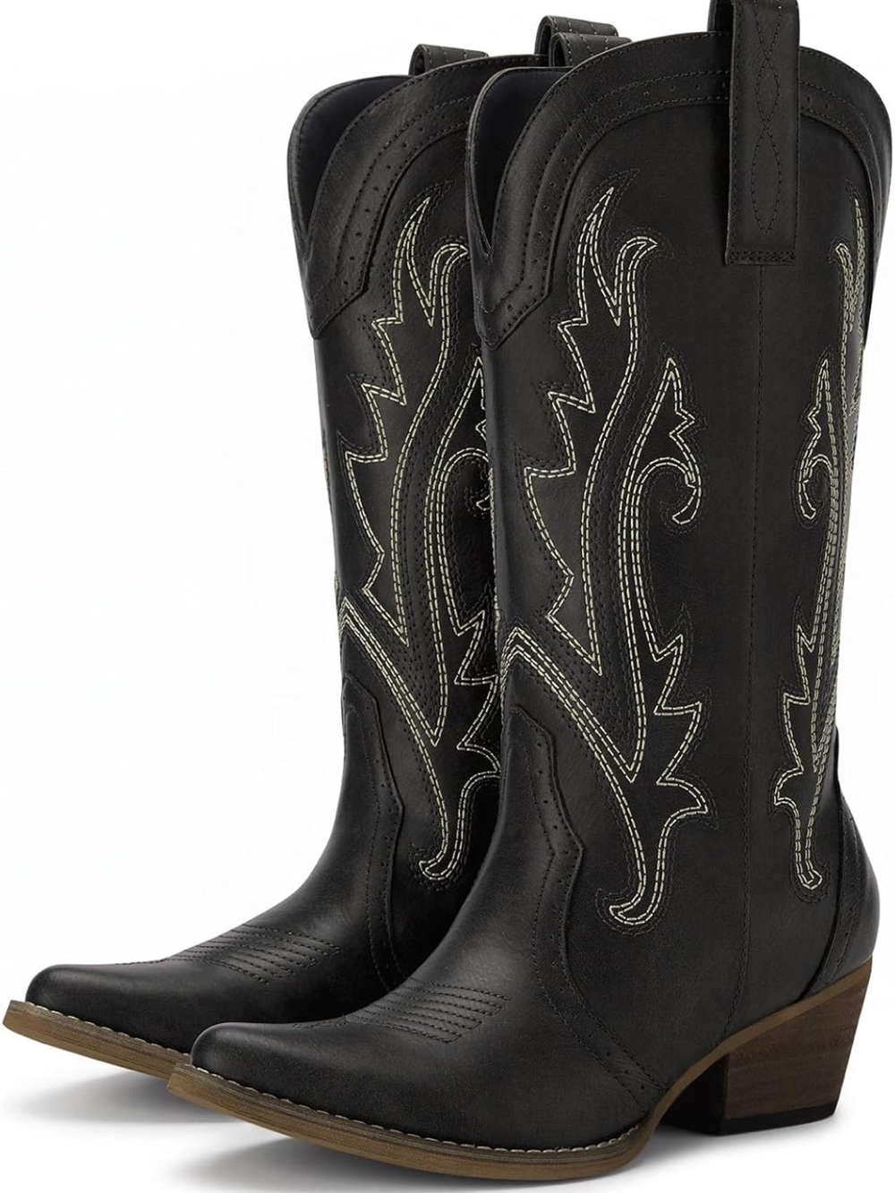 Women's Black Western Embroidered Leather Heeled Boots